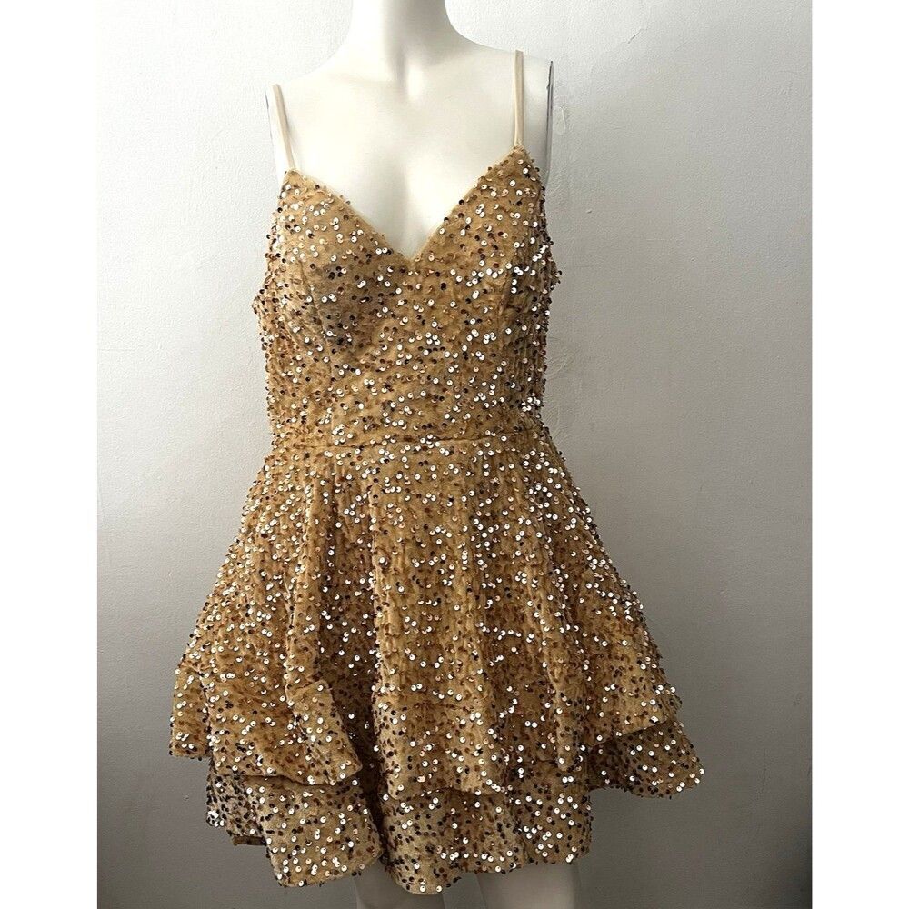 Womens Gold Fairy Hoco Dress Sz 8 Sleeveless Whimsical Romantic Ethereal Tiered